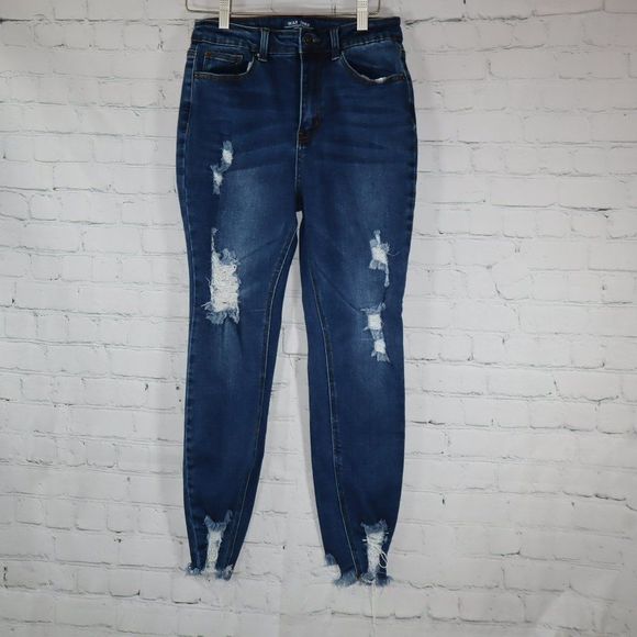 Wax Jean Denim - Wax Jean Dark Wash Distressed Skinny Jeans Juniors Size 7/28